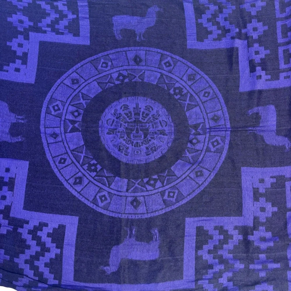 Purple Andean Llama Geometric Sun Motif Fringed Shawl Wrap‎ Scarf